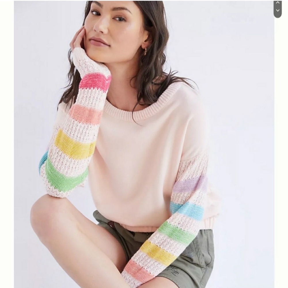 Anthropologie Maeve Peach rainbow striped sweatshirt size Small